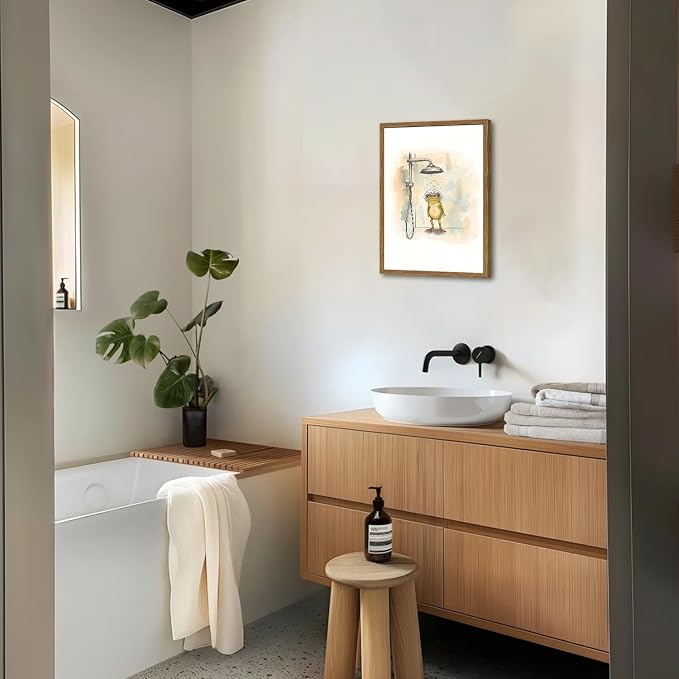 Funny Frog Bathroom Wall Art Cute Frog Bathroom Wall Decor Picture Whimsical Animal Shower Poster Canvas Print Painting for Restroom 16x24 inch Wood Framed