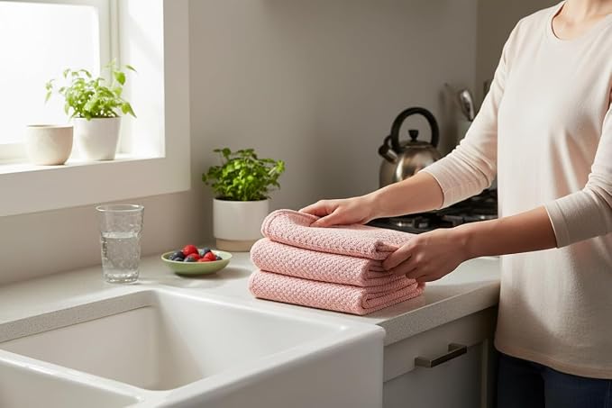 Serafina Home Light Pink Kitchen Hand Dish Towels: Oversized 28" x 18",100% Cotton Cloth Soft Cleaning Drying Absorbent Textured Design, Set of 3 Multipurpose for Everyday Use (Pink)