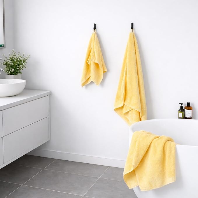 12-Piece Cotton Bath Towel Set with Hanging Loops for Bathroom, Yellow | Balanced towel set for family showers, sink-side use, guest baths, and wash-day rotation, OEKO-TEX certified, easy care