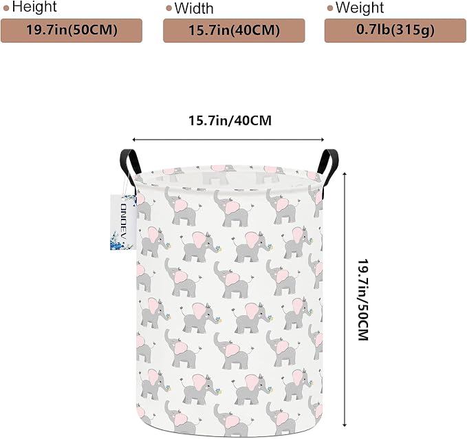 Round Elephant calf Laundry Hamper, Household Storage Bin | waterproof foldable canvas bin with sturdy grip handles, large capacity, tidy organizer for bath linens and kids garments