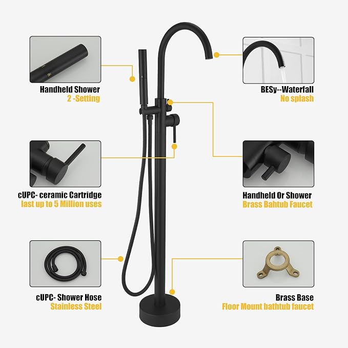 BESy Freestanding Bathtub Faucet Tub Filler Free Standing Floor Mount Stand Brass Bathroom Tub Faucets with 2 Function Hand Shower Wand Swivel, Matte Black Finish