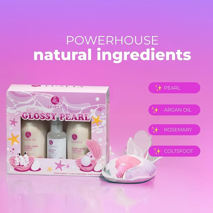 Luseta Glossy Pearl Hair Care Set, Smooth & Shine for Dull Hair | Shampoo & Conditioner (16.9oz×2), Hair Oil (3.38oz), Moisture Care, Easy Detangling, Healthy-Looking Shine, Sulfate Free