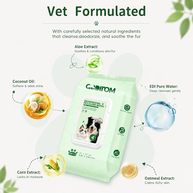 Pet Cleaning Glove Wipes for Dogs & Cats, Thick 90g No-Rinse Deodorizing Grooming Wipes, Hypoallergenic Disposable Bathing Gloves for Daily Care & Travel, Coconut Scent, 20 Pcs