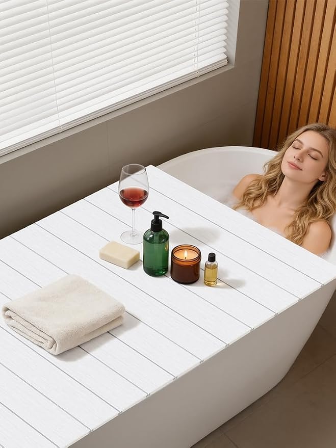 Bathtub Tray, 63x31.5 Inches Foldable Waterproof Bathtub Cover with Thermal Insulation, PVC Shutter Bath Lid Dust-Proof for Most Tubs, Laptop Desk & Wine Glass Holder for Home Bathroom Spa White