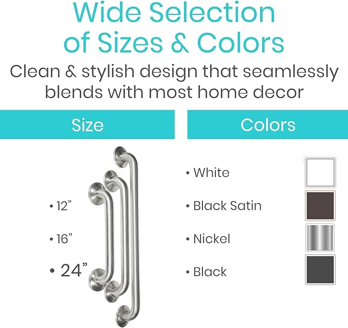 Vive Grab Bar for Showers - Bathroom Antislip Handrail for Seniors, Elderly Assistance Product, Heavy Duty Shower Handles, Handicap Grab Bars, Stainless Steel, Multipurpose, 440 lbs (Brushed Nickel)