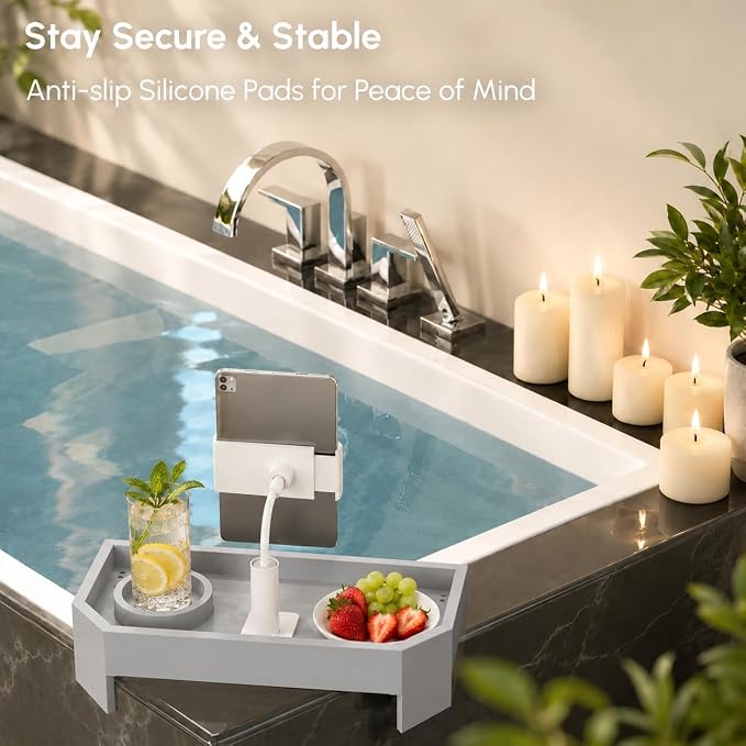 Vespara Bamboo Hot Tub Table with Adjustable Phone Holder, Non Slip Hot Tub Table Spa Gifts for Women, Bathtub Canddy Tray with Wine Glass Holder Tray for Luxury Bathtub& Bathroom Accessories Silver