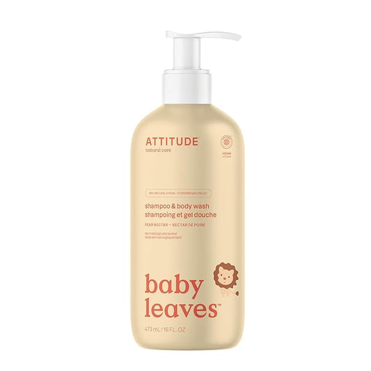 ATTITUDE Baby 2-in-1 Shampoo & Body Wash, EWG Verified, Dermatologically Tested, Vegan, Pear Nectar Scent, 16 Fl Oz