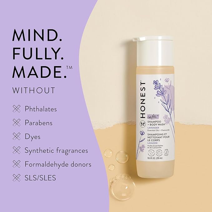 The Honest Company Silicone-Free Conditioner & 2-in-1 Cleansing Shampoo Body Wash Duo Gentle for Baby,Naturally Derived,Lavender Calm,20 fl oz,(Pack of 4)