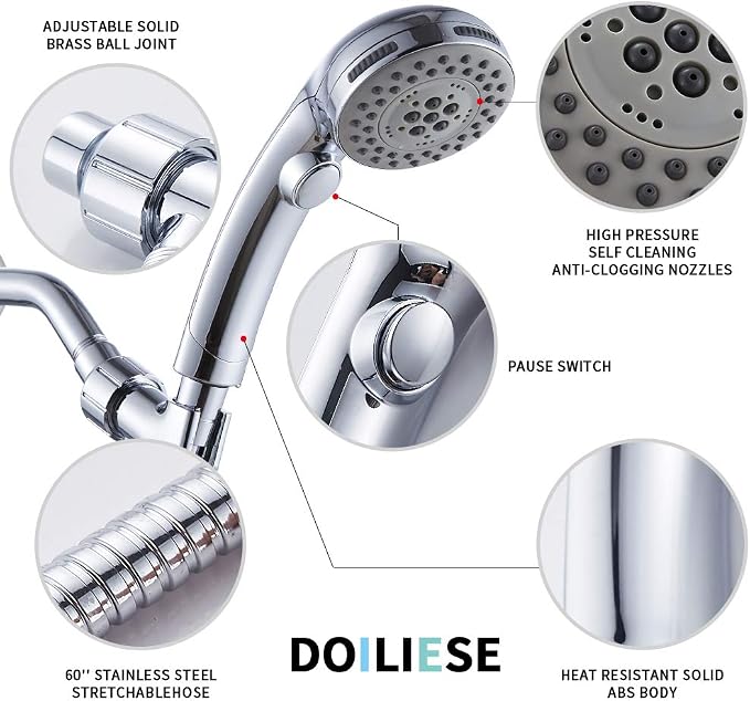 High Pressure Shower Head with Handheld Spray 6 Settings Hand Held Shower Head with On Off Switch and Spa Spray Mode 60 In Hose, Chrome