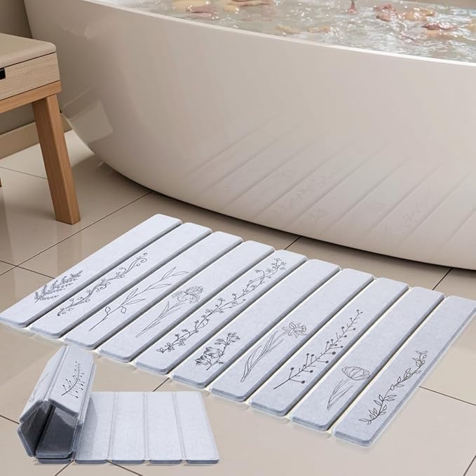 Foldable Stone Bath Mat - 24x16, Super Absorbent Diatomaceous Earth Large Bath Mats for Bathroom, Quick Dry Non-Slip Stone Drying Mats for Kitchen Counter & Bathtub (Light Gray Floral Decor)