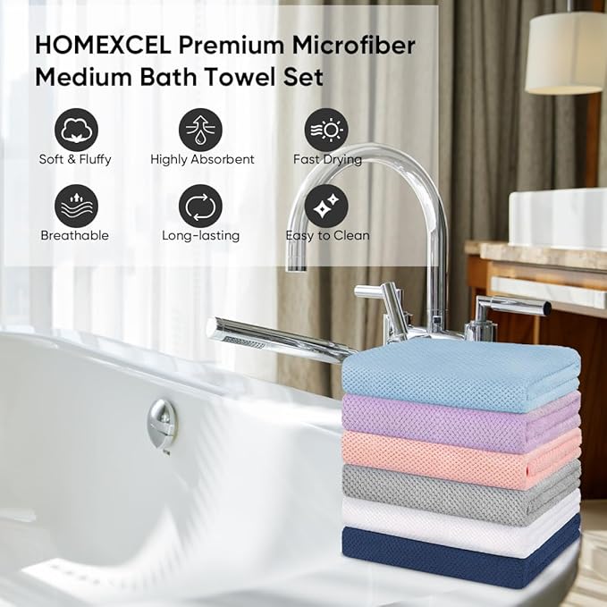 HOMEXCEL 6 Pack Bath Towel Set, (24 x 48 Inches) Microfiber Ultra Soft Highly Absorbent Bath Towels, Lightweight and Quick Drying Towels for Hotel, Bathroom, Spa and Beauty Parlor, Multicolor