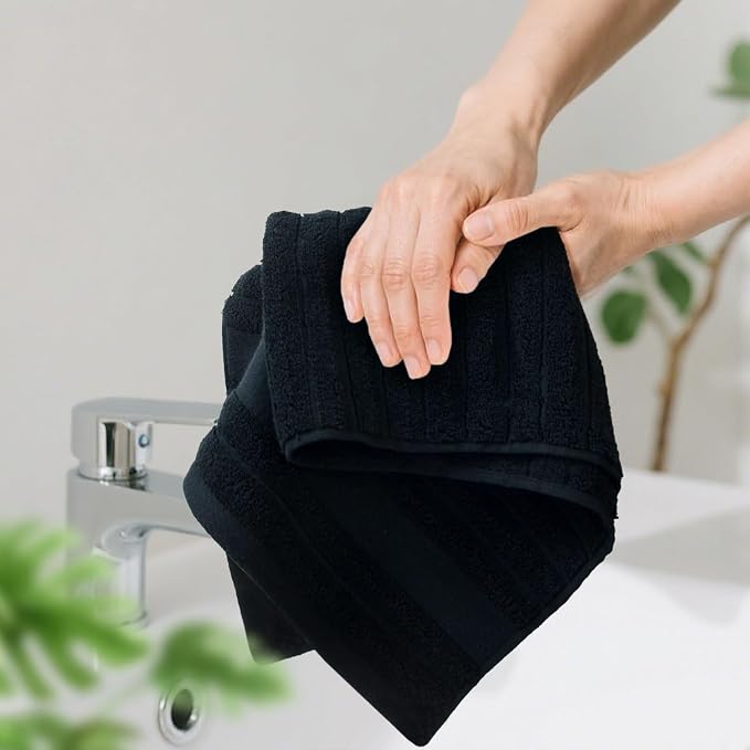 Jacquotha 4-Pack Bathroom Hand Towels (Black) Ribbed – Guest Room & Spa Premium Cotton Face Towels 13” x 29”, Soft and Quick Drying 480 GSM