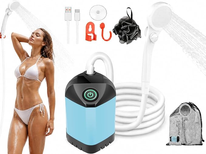 Portable Shower for Camping, 7800mAh Rechargeable Camping Shower Pump with USB-C, IPX8 Waterproof Outdoor Shower Kit with 3 Spray Modes, Portable Shower Head for Camp, RV, Beach, Pet Washing & Hiking