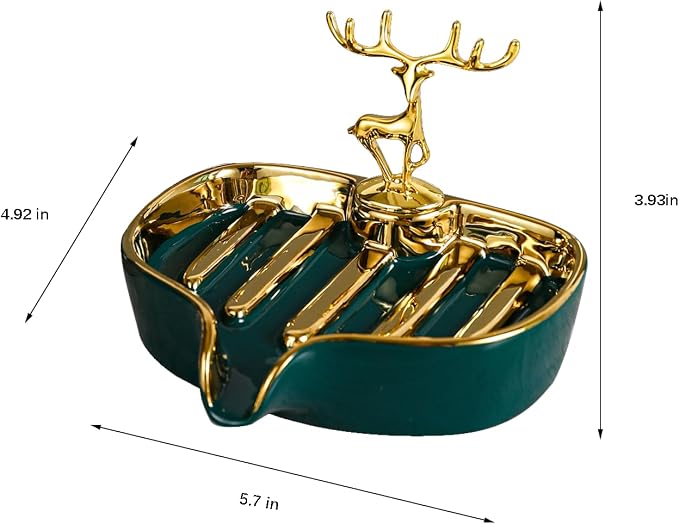 Soap Dish, Luxurious Ceramic Soap Dish Self Draining Soap Holder Tray Easy Cleaning Soap Saver for Shower Bathroom Kitchen Sink Bathtub Hotel Travel(Green Painted in Gold)