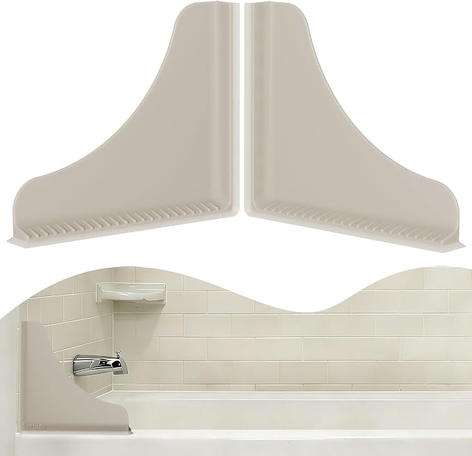 Roslim Silicone Shower Splash Guard 2 Pack with Suction Cups, No Adhesive Corner Water Barrier for Tub & Walk-in Shower, Reusable Leak-Resistant Splash Catcher for Smooth Surfaces, Taupe