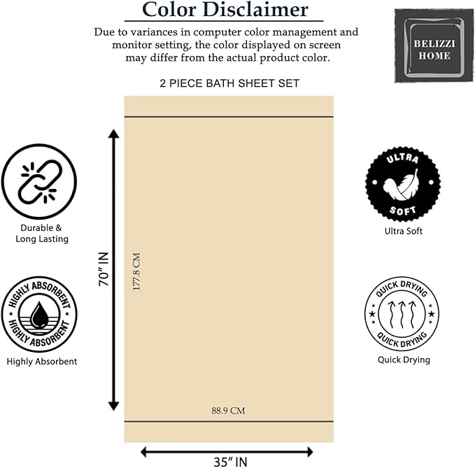 Belizzi Home Premium Cotton Oversized 2 Pack Bath Sheet 35x70-100% Pure Cotton - Ideal for Everyday use - Ultra Soft & Highly Absorbent - Machine Washable - Black