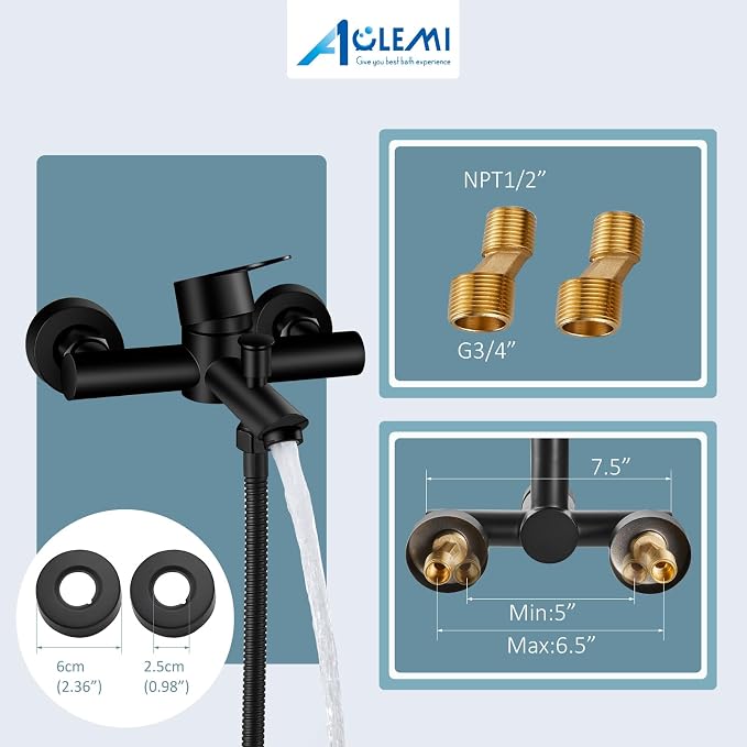 Aolemi Matte Black Wall Mount Bathtub Faucet with Handheld Sprayer Single Handle Shower Mixer Tap 6 Inch Center Bathroom Tub Faucet Stainless Steel SUS304