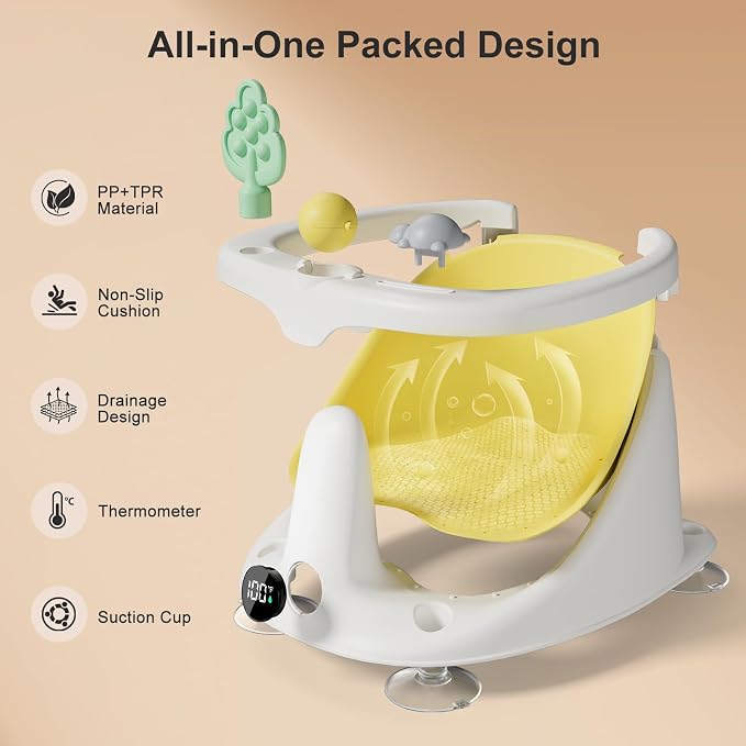 Baby Bath Seat | Bath Seats for Babies Sitting Up with Rinse Cup,Bath Seats for Babies 6 Months & Up,Non-Slip, Infant Bath Essentials,Yellow