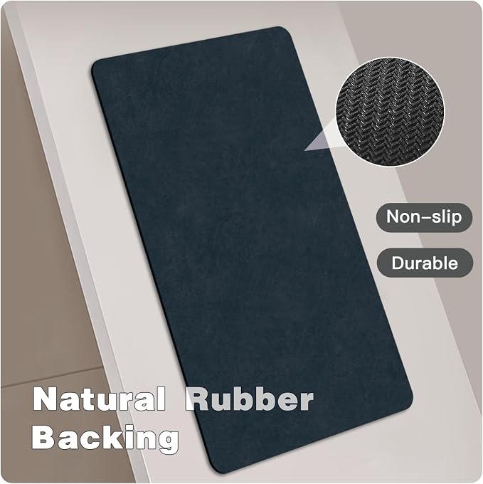 TYUU Bathroom Mat Quick Dry, Bathroom Rugs Non Slip Washable Thin Absorbent Bath Mat Fits Under Door Bathroom Floor Mat Perfect for Bath, Shower, or Sink 17"x59" Navy Blue