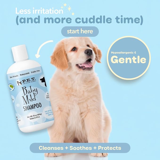 P.E.T. Baby Mild Ultra-Gentle Shampoo — Tear-Free, Hypoallergenic & Fragrance-Free Cleanser for Sensitive Pets — 5 : 1 Concentrate (Mix or Use Neat) — Cosmetic Grooming Formula — 16 oz