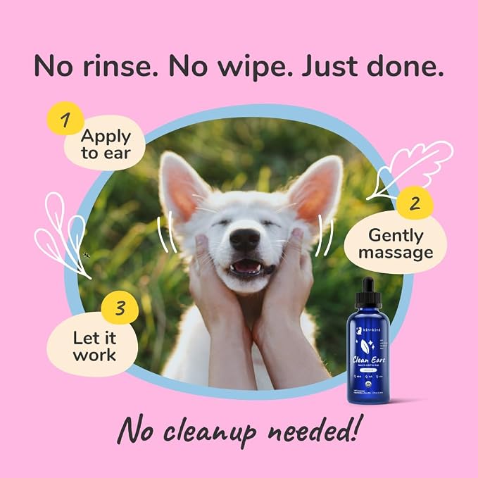kin+kind Clean Ears - Natural Leave-in, No-Rinse Dog Ear Cleaner Solution - USDA Organic, Non-Greasy - 4 fl oz