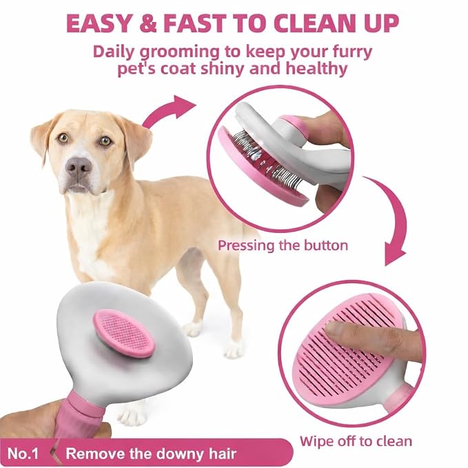 6-Piece Dog and Cat Grooming Kit - Self Cleaning Slicker Brush, Deshedding Brush, Bath Brush with Soap Dispenser, Grooming Bath Gloves, Microfiber Towel and Storage Pouch (Pink)