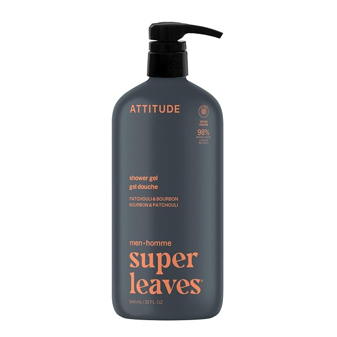 ATTITUDE Shower Gel Body Wash for Men, 98% Natural Origin Ingredients, Paraben & Phthalate Free, EWG Verified, Cleanses Without Drying, Patchouli & Bourbon, 32 Fl Oz