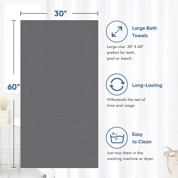 HOMEXCEL Bath Towel Set Pack of 4, 30 x 60 Inches Large Microfiber Bath Towels, Soft, Absorbent, and Quick Dry Towels for Bathroom, Pool, Beach, Swim, and Yoga, Large Bathroom Towels, Grey
