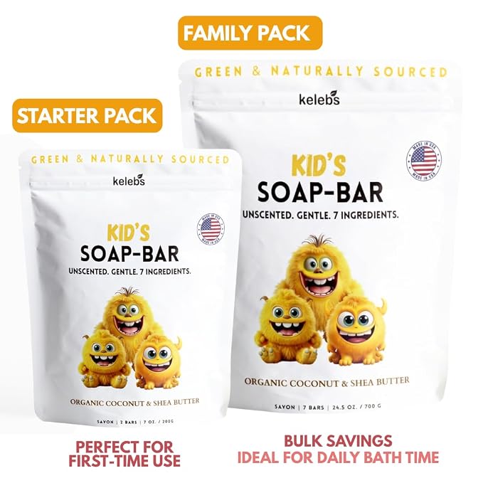 KELEBS Unscented Kids Soap Bar 2-Pack – Organic & Gentle Trio Oil Body Wash for Children – Soothes Dry & Delicate Skin – Only 7 Natural Ingredients