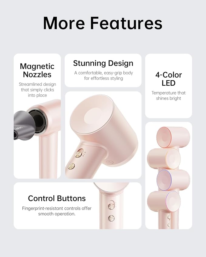 Laifen Hair Dryer, High Speed 200M Ionic Blow Dryer with 110, 000 RPM Brushless Motor for Fast Drying, Low Noise, Hairdryer with Magnetic Nozzle Pink