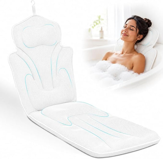 Full Body Bath Pillow for Bathtub Thickened 5D Air Mesh 144 Suction Cups | Bath Pillow Luxury Bathtub Pillow 3.7'' Head, Neck and Back Support Bath Tub Pillow Extra-Large 59 x 20 Inch Size