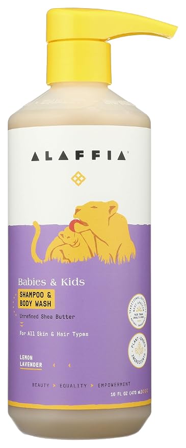 Alaffia Babies and Kids Shampoo and Body Wash, Gentle and Calming Support for Soft Hair and Skin with Shea Butter, Neem, and Coconut Oil, Fair Trade, Lemon Lavender, 16 Fl Oz