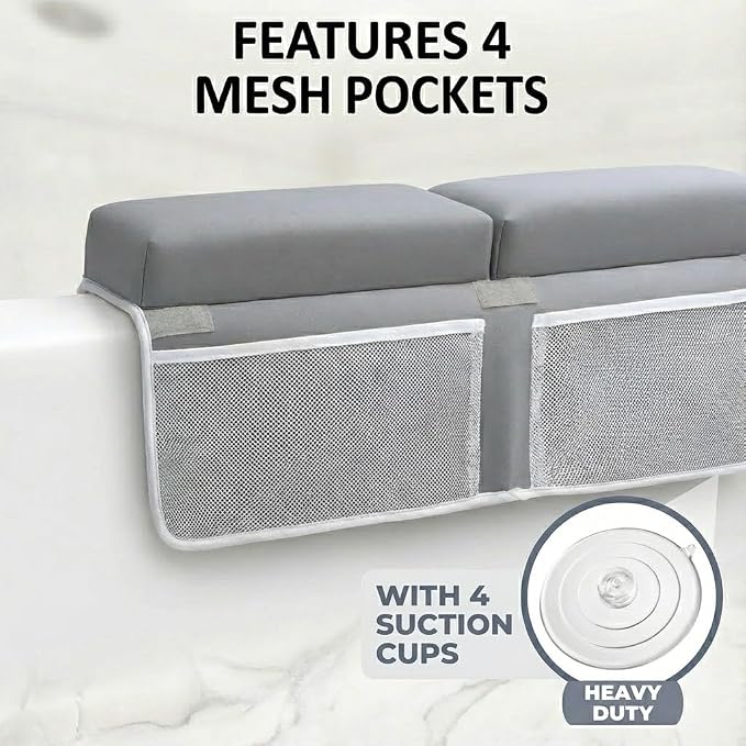 Premium Baby Bath Kneeler & Elbow Rest Pad Set – Thick Memory Foam Cushion – Non-Slip Mat with Mesh Toy Organizer – Baby Bathing Essentials for Parents – Gray
