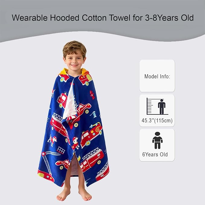 VOOVA & MOVAS Kids Bath Towels Age 3-8, 30''X50, Soft | Thick | 100% Cotton, Beach | Pool | Bath | Swim Towels | Cover Up for Boys, Blue Fire Truck Theme