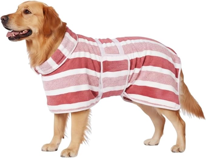 Quick-Drying Dog Bathrobe - Striped Super Absorbent Pet Towel Robe with Adjustable Belly Band,1-Piece Design,Super-Soft Fast-Drying Fabric,for Small Medium Large Dogs Post-Bath Grooming (Red,XXXL)