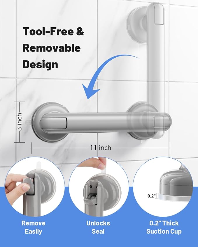 JOTPE 2 Pack Removable Suction Shower Handle, No Drilling Bathroom Handle with Locking Latches, Reusable for Shower, Bathtub, Tile, Glass and Other Smooth Non-Porous Surfaces, Grey
