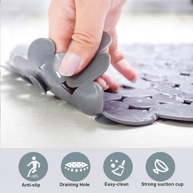SONGZIMING Pebble Bath Mat 35x16 Inches for Bathtub to Non Slip in Shower with Drain Holes, Suction Cups (Grey)