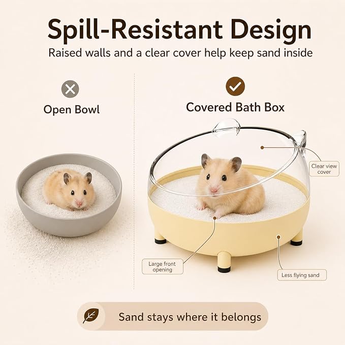 Meow&Woof Hamster Sand Bath Container, Large Sandbox Toilet Gerbil Batheoom, Tiny Chinchilla Dust Bathtub Sand Bath Box for Hamster Cage Accessories 5.2 Inch-Yellow