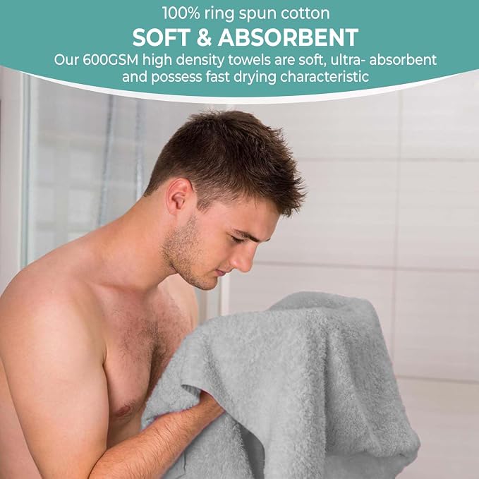 KAHAF COLLECTION 6 Pack Bath Towels Set (27 x 54 Inches) 100% Ring Spun Cotton, Lightweight, Quick Dry, Highly Absorbent Towels (Light Grey, (27x54) Inches)