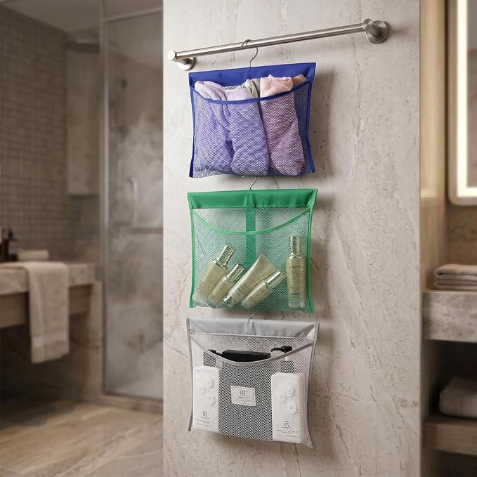 ALYER Hanging Mesh Shower Pockets for 34oz/1000ml Shampoo and Conditioner,Colorful Bath Toy organizer,Hanging Tandem Type Closet Accessories Storage Bag,Gray
