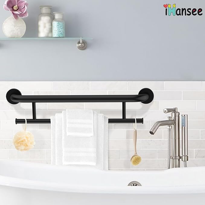 Matte Black Grab Bar 24 Inch w/Towel Holder, iHansee Stainless Steel Towel Rack Shower Support Balanced Support Handle, Wall Mount Safety Handrail Grab Rail for Elderly Senior Handicap Disabled