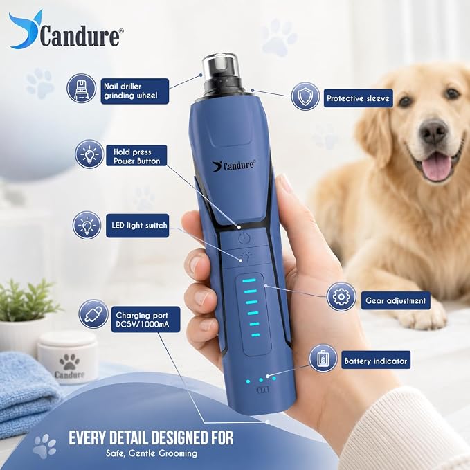 Candure Whisper Quiet Dog Nail Grinder with 360 Degree LED Light, 6-Speed Rechargeable Pet Nail Trimmers with Extra Grinding Head for Safe, Stress-Free Grooming for All Pet Sizes