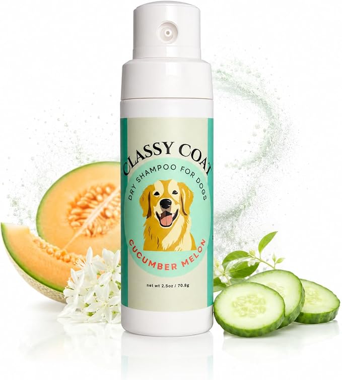 Dry Shampoo Powder & Coat Deodorizer for Dogs (Cucumber Melon) | Waterless No-Rinse Squeeze Bottle Formula | Calming Scent | Talc and Alcohol Free | Safe for Sensitive Skin | Made in USA