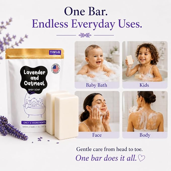 Baby Soap Bar For Sensitive Skin | Natural Bath Soap For Toddlers Kids Adults | Relaxing Organic Lavender Essential Oil | No Artificial Fragrance | Only 6 Ingredients | Vegan | No SLS | 5 Bars