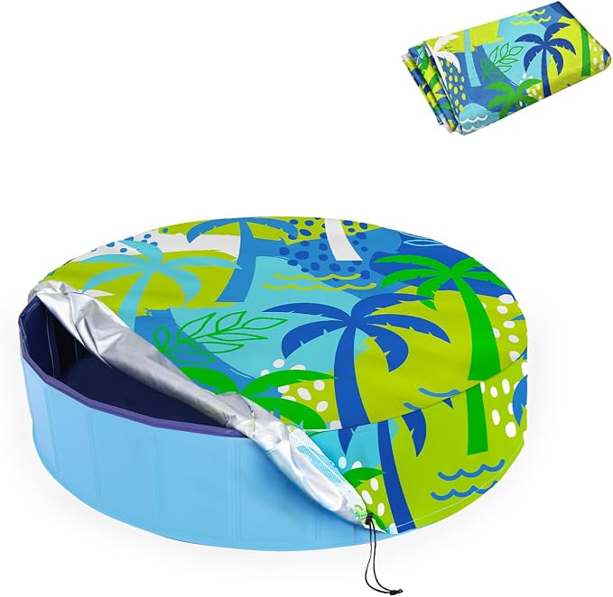 Foldable Dog Pool Cover – Waterproof Round Pet Dog Kiddie Bath Tub Lid Cover, Fit for 32/48/63 Inch Pools, Outdoor Portable Puppy Pool Accessories (S-32 * 8 Inch, Beach Element-1)