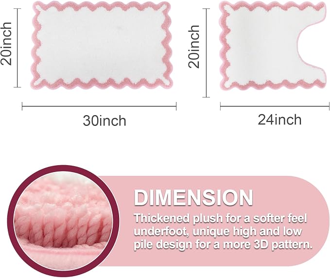 ORTIGIA Cute Scalloped Bathroom Rugs Set,Pink Plush Microfiber Scallop Bath Mats Non Slip Washable Quick Dry Absorbent Rug Carpet for Sink Laundry Room Bedroom,20" x 30" + U Shape 20" x 24"