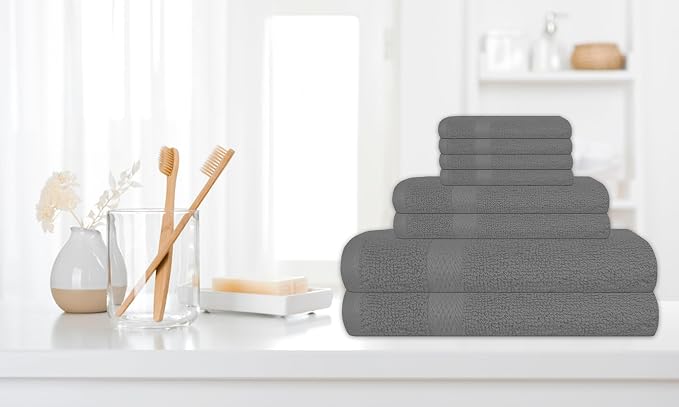 Luxury 8 Piece Set, 2 Bath Towels 2 Hand Towels 4 Washcloths, 100% Cotton Towels for Bathroom, Home, Spa, Hotel & Gym – Ultra Soft, Highly Absorbent, Quick Dry (Light Grey)