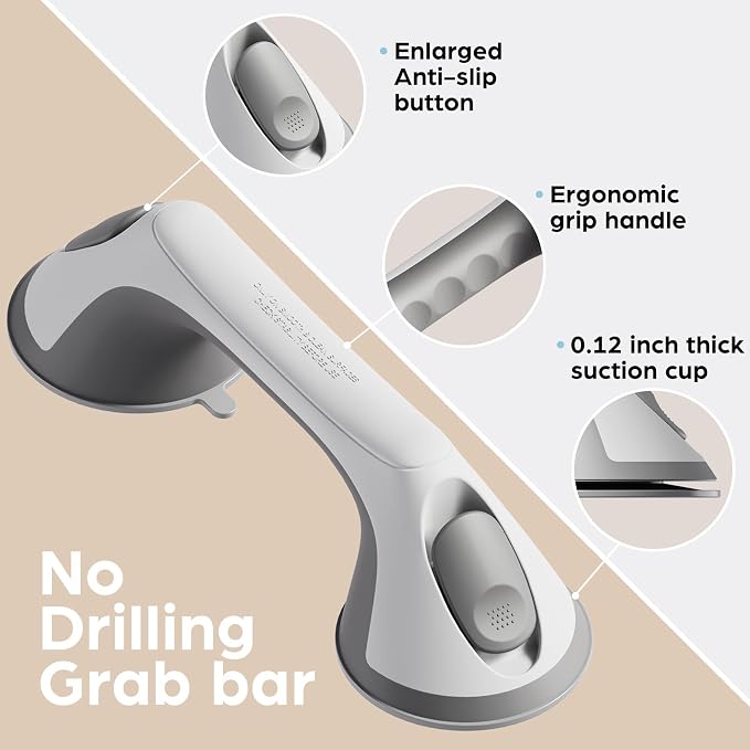 2 Pack 12 Inch Grab Bars for Bathtubs and Showers for Seniors, Heavy Duty Shower Handle for Elderly, Suction Cup Removable Handrails Handicap Bath Grip Bathroom Upgrade Safety Grips (Gray)