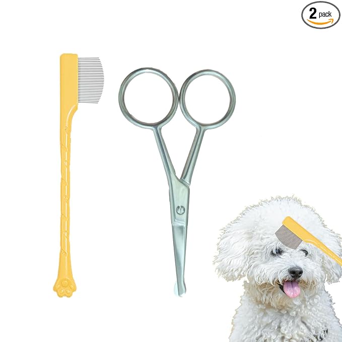 JGocot Dog Tear Stain Remover Comb for Small Doggy and Cats Pet Grooming Tool with Round Tip Stainless Steel Mini Scissor for Pet Facial Eye Area