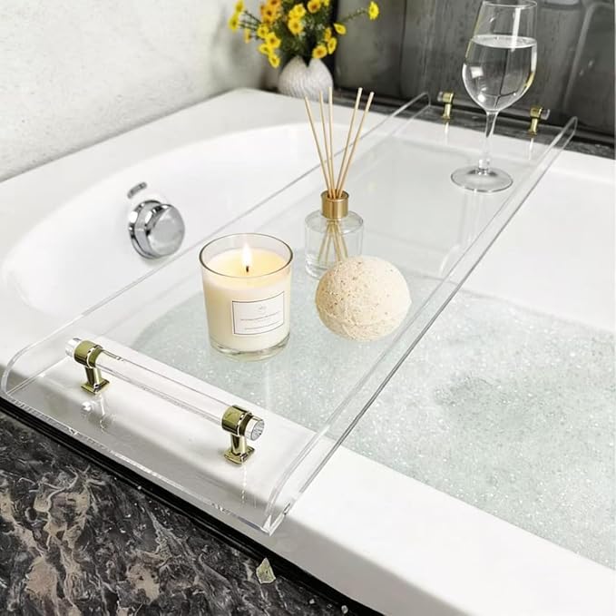 WANLIAN 33inch Luxury Bathtub Caddy Tray for Bathroom Bath tub Table Caddy Shelf for Shower Storage Organizer tub Accessories for Bath tub Table Caddy (Gold-Clear)